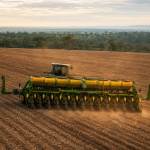 Máquina agrícola realiza o plantio de soja em uma lavoura de Mato Grosso no início da safra 2026/27
