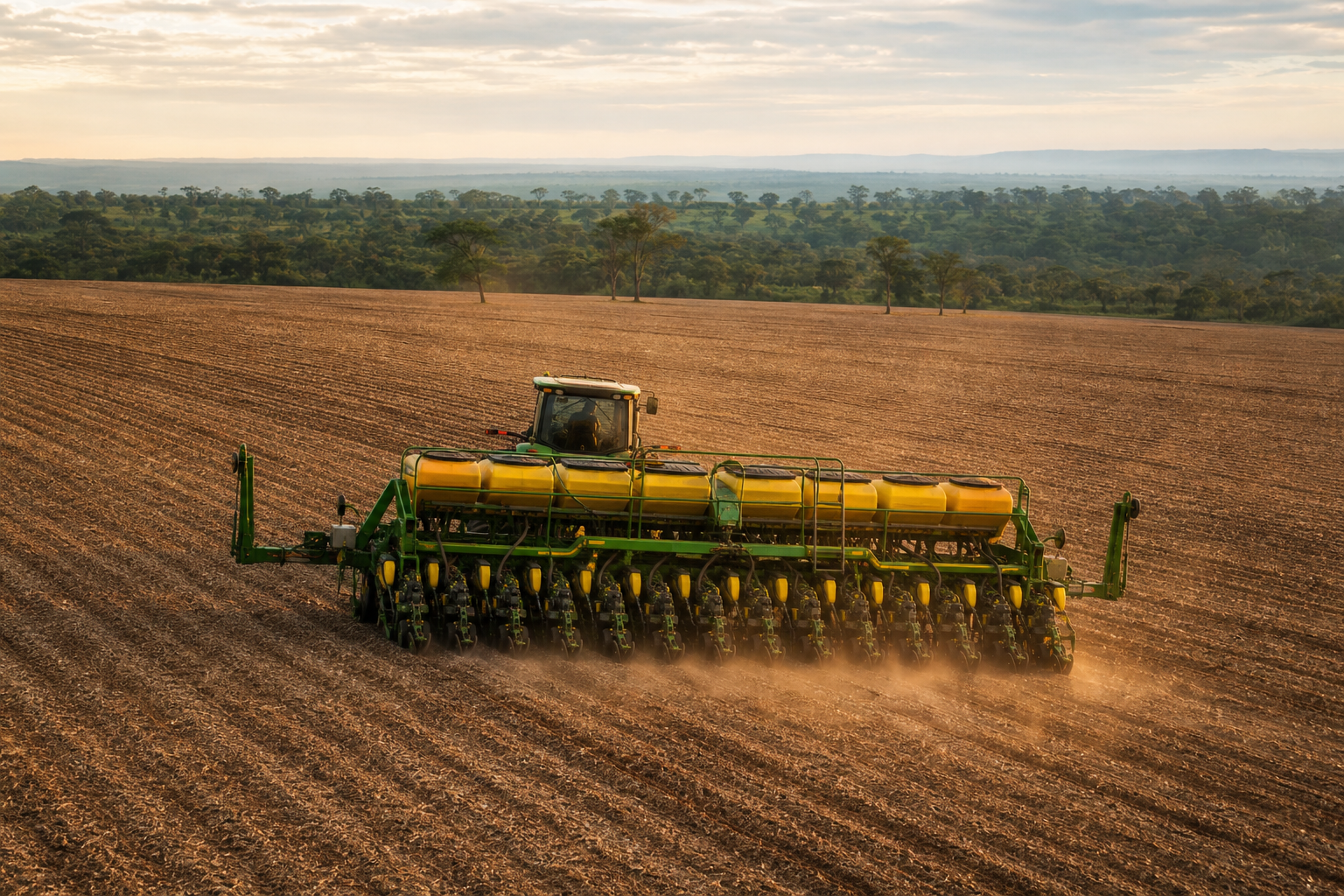 Máquina agrícola realiza o plantio de soja em uma lavoura de Mato Grosso no início da safra 2026/27