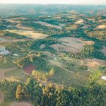 Vista aérea de áreas agrícolas e do campo no Centro do Rio Grande do Sul, durante o dia.