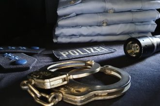 Algemas em primeiro plano diante de um agente de polícia uniformizado.