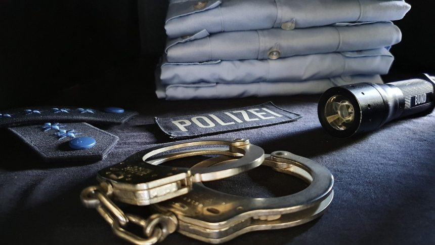 Algemas em primeiro plano diante de um agente de polícia uniformizado.