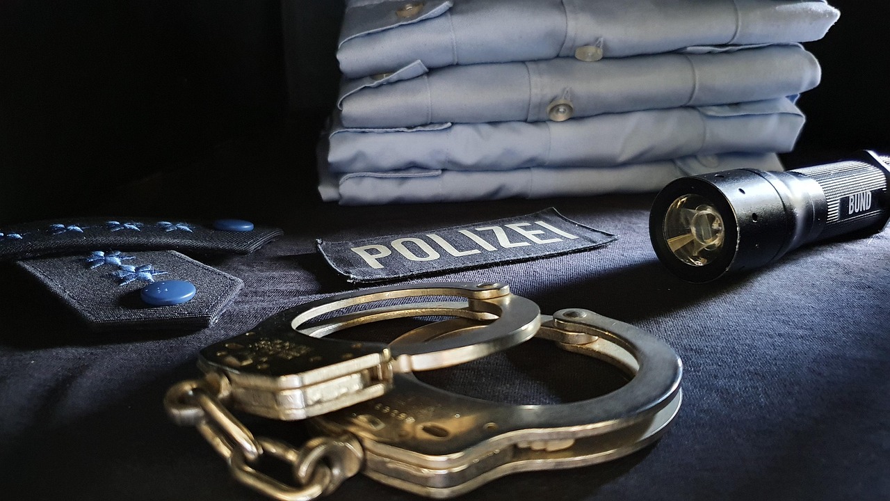 Algemas em primeiro plano diante de um agente de polícia uniformizado.